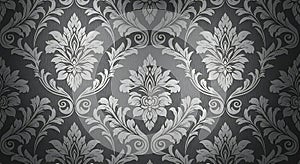 Elegant Silver Damask Seamless Pattern on Dark Textured Background