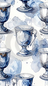 Elegant Silver Goblets with Blue Watercolor Splashes Pattern
