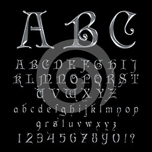Elegant Silver Platinum Font, Alphabet, ABC and numbers