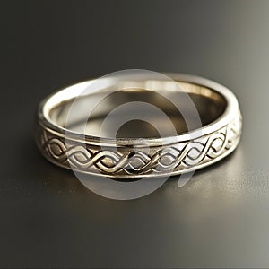 Elegant silver ring with intricate celtic knot design on dark background