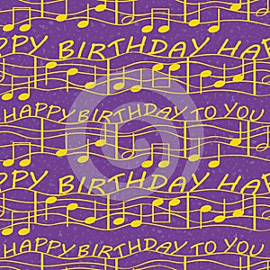 Elegant and simple birthday congratulations with musical notes. Seamless vector pattern in luxurious purple and gold