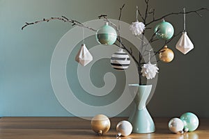 Elegant simple nordic christmas decor in black and turquoise colors