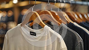 Elegant Simplicity: Chic Shirts on Wooden Hangers. Concept Minimalist Fashion, Wooden Hangers,