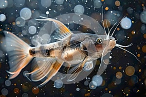 Elegant Single Goldfish Swimming Gracefully with Extended Fins and Whiskers Against a Shimmering Dark Background with Light Bokeh