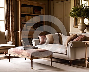 Elegant sitting room decor, interior design, living room furniture, sofa and home decor in English country house and elegant