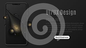 Elegant Smartphone Mockup with abstract liquid shapes and golden glitter halftone effect on a dark touchscreen. UI and UX app