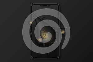 Elegant Smartphone Mockup with liquid shapes and golden glitter halftone effect on a dark touchscreen. UI and UX app design.