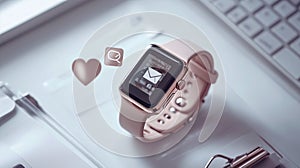 Elegant smartwatch with message notification on white desk photo