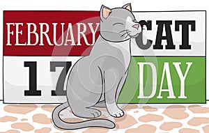 Elegant Smiling Cat over Greeting ready for Cat Day Celebration, Vector Illustration