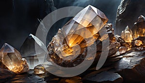 Elegant smoky quartz jewel texture on black background. Shiny crystal, natural mineral