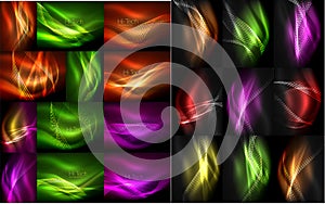 Elegant smooth particles neon wave set, shiny light effects templates for web banner, business or technology