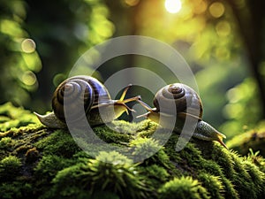 Elegant Snail Silhouette on a MossCovered Rock in a Lush Woodland Forest A Dramatic CloseUp Nature Photography Capture photo