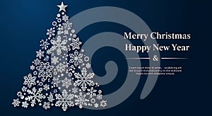 Elegant snowflake Christmas tree on blue background