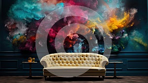 Elegant Sofa Against Vibrant Abstract Art Wall. Classic sofa stands out in room with a strikingly vibrant, abstract