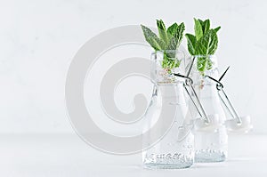 Elegant soft white summer background - young mint leaves in transparent bottles with sparkling bubbles on light wood table.