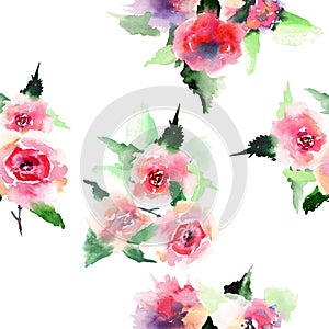 Elegant sophisticated lovely floral colorful spring summer pink and red roses with green leaves bouquets diagonal pattern