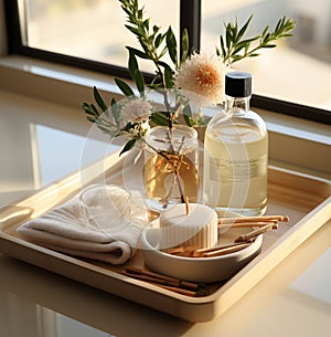 Elegant sophistication: a tray of natural beauty in the bathroom