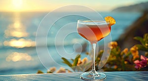 Elegant sour cocktail glass with orange slice on summer holiday resort with ocean view.Macro.AI Generative