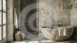 Elegant spa-like bathroom with a luxurious stone bathtub and rustic textured walls