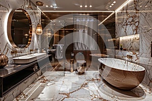 Elegant spacious bathroom with marble floor, freestanding tub, and gold fixtures