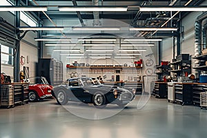 Elegant and spacious garage interior with classic cars and clean workspace