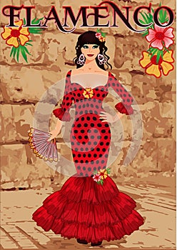 Elegant spanish flamenco dancer girl with fan, vector