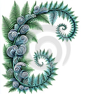Elegant Spiral Fern Design Teal Green Nature Botanical Illustration Artistic Swirl Detailed Ornate Decorative Graphic Floral photo