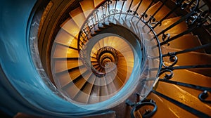 Elegant spiral staircase with intricate ironwork, creating a mesmerizing pattern as it descends.