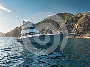 Elegant sportfishing yacht in the ocean in Cabo, Mexico sailing leisurely through a tranquil bay