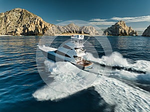 Elegant sportfishing yacht in the ocean in Cabo, Mexico sailing leisurely through a tranquil bay