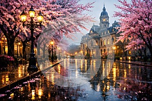 Elegant Spring Boulevard With Cherry Blossoms And Historic Architecture Reflected On Wet Street