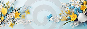 Elegant spring floral arrangement on pastel blue.