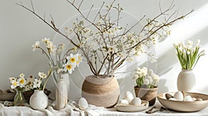 Elegant spring flowers arrangement in natural tones. interior decoration with blooms and ceramic vases. seasonal home