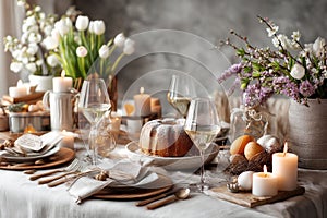 Elegant spring table setting with candles, wine, and floral decorations