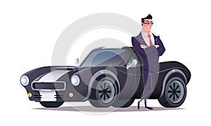 Elegant Spy special secret agent cartoon character standing next to the car