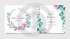 Elegant square wedding invitation card template set with watercolor flowers wreath and border decoration. Roses and leaves