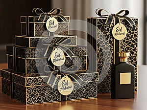 Elegant stack of gift boxes with perfume bottle