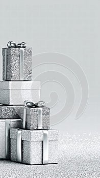 Elegant Stack of Silver Glitter Gift Boxes