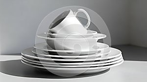 Elegant Stack of White Ceramic Dinnerware with Mug