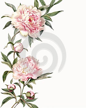 Elegant stationery page with page border and small pink peonies