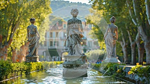 Elegant Statues Adorn Tranquil Tree-Lined Waterway at Sunset