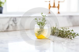 elegant stemless margarita with thyme sprig on a marble countertop