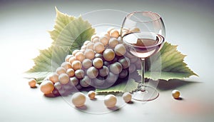 Elegant still life with grapes, green leaves, and a glass of rose wine in soft light, AI-generated.