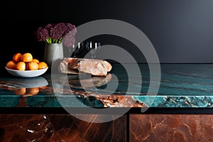 Elegant still life. wine, freshly baked bread, and beautiful flowers on stylish dark marble table