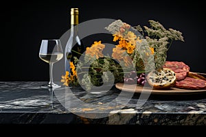 Elegant still life. wine, freshly baked bread, and beautiful flowers on a stylish dark marble table