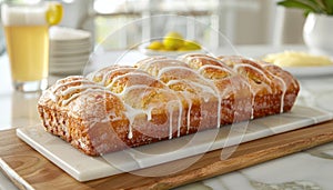Elegant stollen bread display on white tabletop with exquisite white icing for a refined appearance