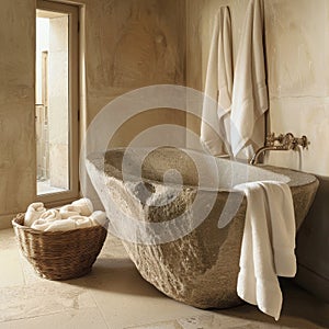 Elegant stone bathtub in a luxurious spa-like bathroom interior with natural light