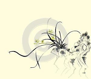 Elegant stone orchid ink decorative painting