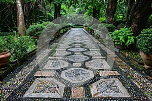 Elegant stone pathway in an old garden, featuring complex geometric patterns and bordered by ancient trees.. AI photo