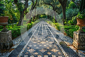 Elegant stone pathway in an old garden, featuring complex geometric patterns and bordered by ancient trees.. AI photo